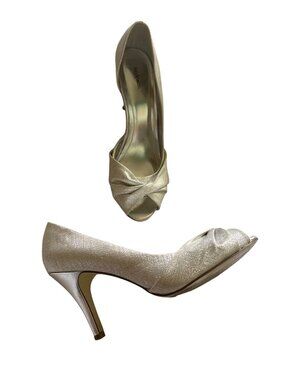 Open-Toe Silver Glitter Heels Womens Size 8.5M Elegant Formal Shoes Wedding